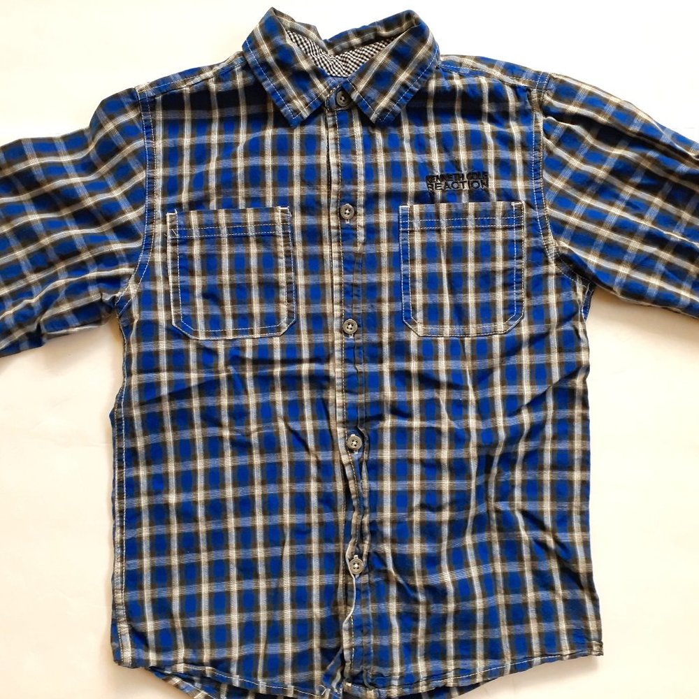 Kenneth Cole Reaction Boys Shirt Button Down Blue Black Plaid Long Sleeve 6-7